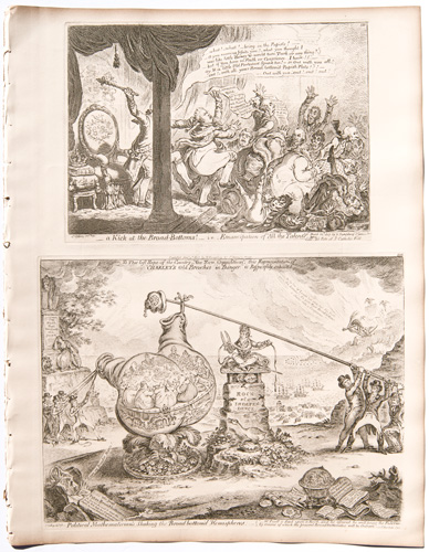 original James Gillray etchings A Kick at the Broad Bottoms, i.e. Emancipation of "All the Talents."
Political Mathematicians Shaking the Broad-bottomed Hemispheres